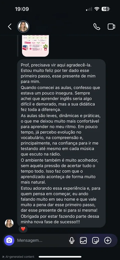 Print de conversa de WhatsApp de aluna elogiando as aulas de inglês da Teacher Livia
