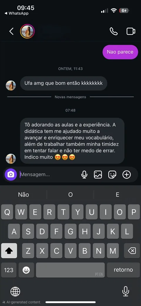 Print de conversa de Instagram de aluna elogiando a didática das aulas de inglês
